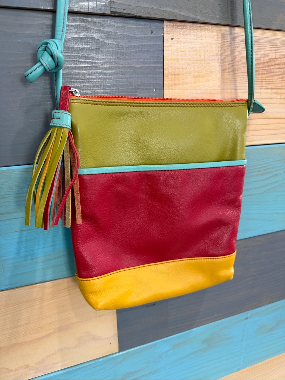New York Genuine Leather Color block Colorful Citrus Crossbody Bag